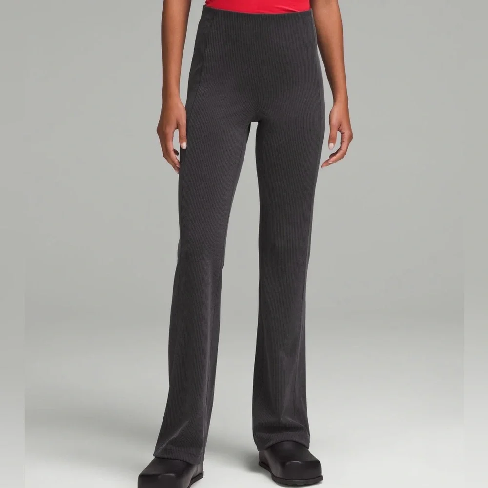 Like New Lululemon Athletica Ribbed Softstreme Flared Leg Pant, Black/Dk. Gray 8 - Picture 2 of 13